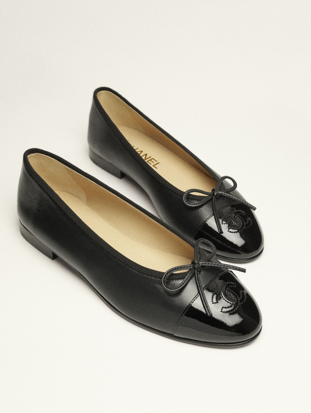 CHANEL Lambskin Cap Toe CC Ballerina Flats